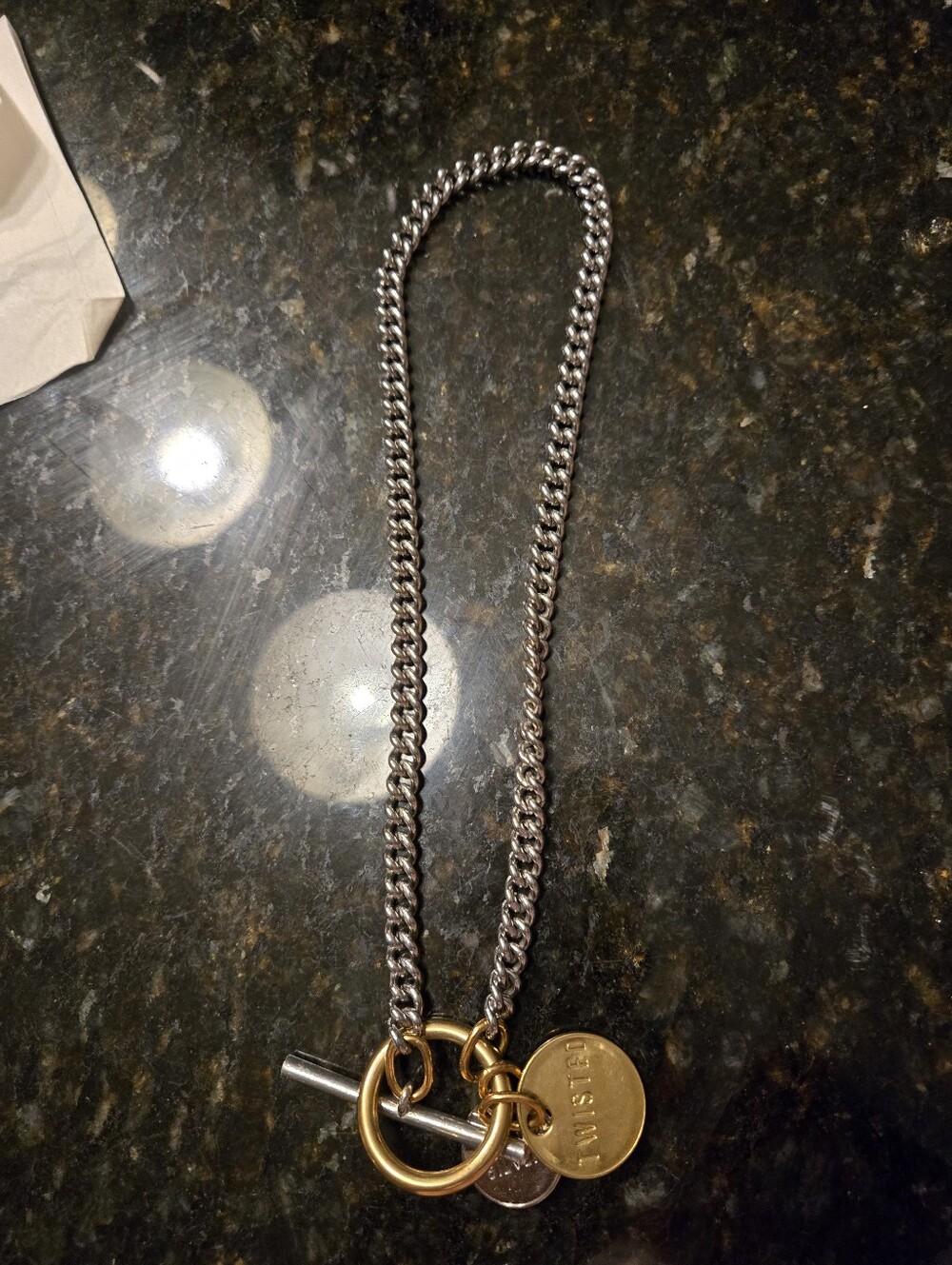 Twisted Silver Capture Necklace -Two-Tone Toggle Chain Necklace with Gold Charms